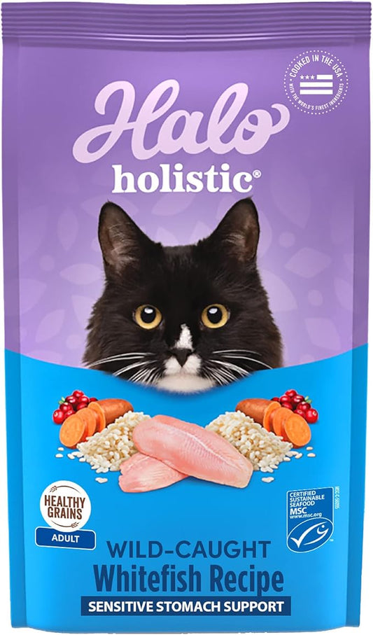 Halo Holistic Cat Food Wild Caught Salmon & Whitefish Formula, Healthy Grains Dry Cat Food, For Sensitive Stomach Support, Kibble for Adult Cats, 10 lb Bag