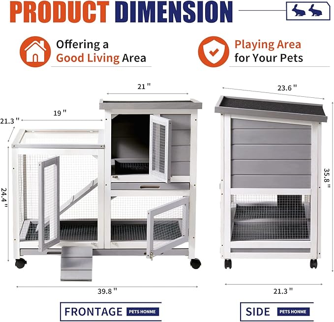 Rabbit Hutch, Indoor Rabbit Cage Two Story Bunny Hutch with Wheels Guinea Pig Cages with Removable No Leaking Tray, Ramp, Outdoor Pet House for Small Animals