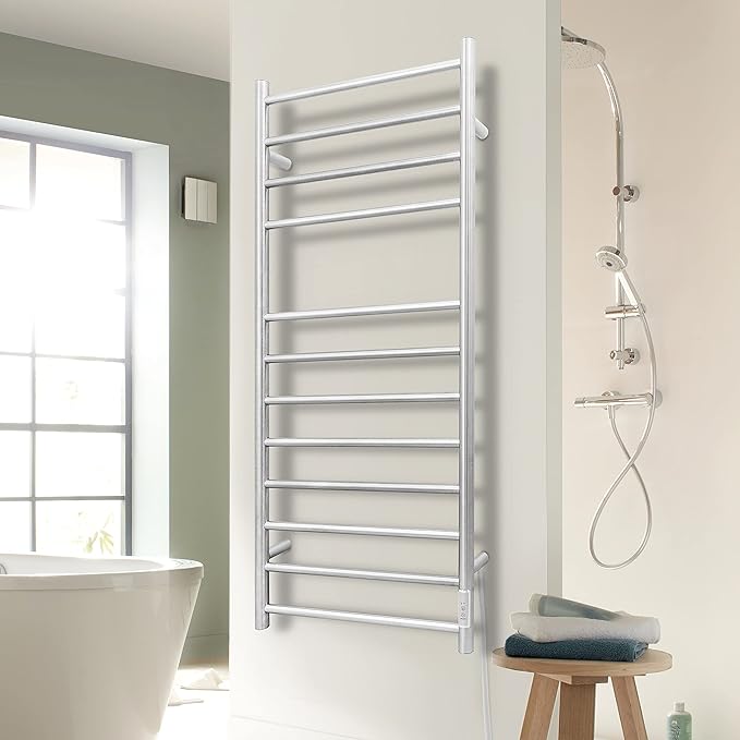 KEG Towel Warmer Wall Mounted with Built-in Timer 12 Bars Electric Stainless Steel Heated Towel Racks for Bathroom, Hot Plug-in Bath Towel Heater Brushed Nickel