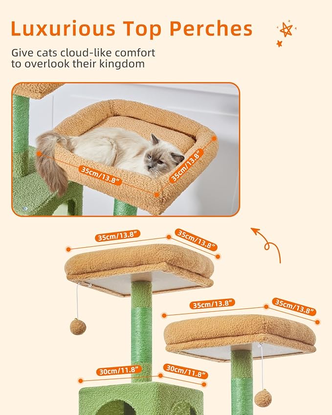 Taoqimiao Cat Tree, 71-Inch Cat Tree Cat Tower for Indoor Cats, Plush Multi-Level Cat Condo with 10 Scratching Posts, 2 Perches,Basket, 2 Caves,Hammock, 2 Pompoms,MS020T Cactus