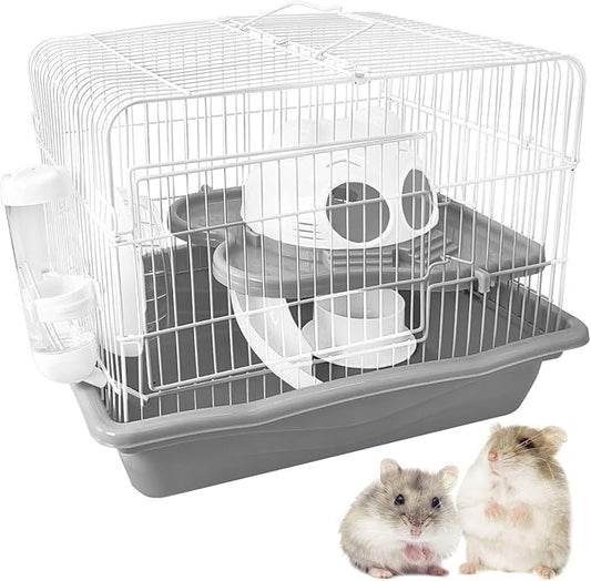 PINVNBY Dwarf Hamster Cage, Small Animal Cages, 2-Tier Travel Portable Mouse Cage Hamster Carrier with Castle House Running Exercise Wheels, Water Bottle and Food Dis(Gray)