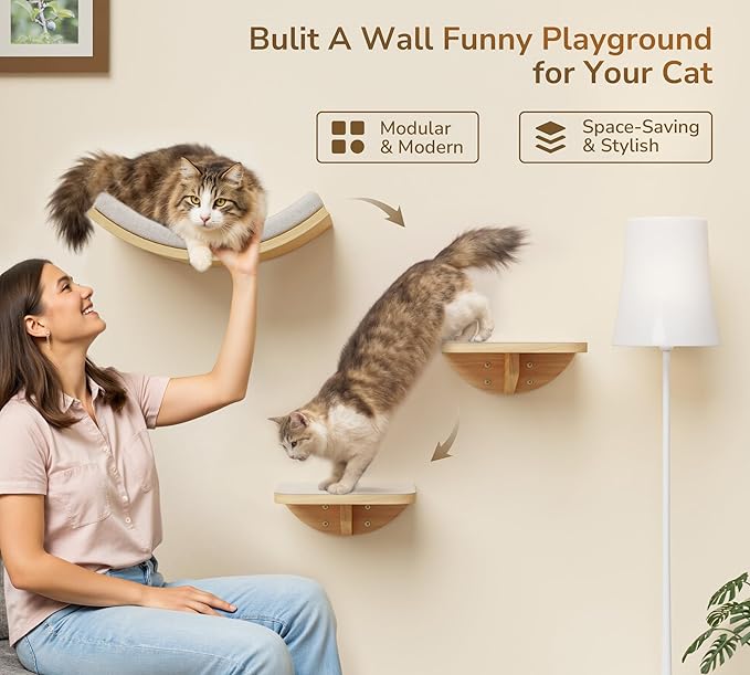 Cat Wall Shelf with Curved Hammock Bed, Wall Mounted Cat Perch with Beige Soft Foam Cushion, Floating Wall Furniture for Climbing, Sleeping & Lounging