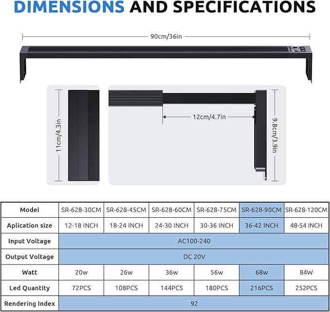 24/7 LED Aquarium Light for 36-42 Inch Fish Tank, Auto On Off with Timer, 9 Colors, Adjustable Brightness, Daylight Moonlight Mode, Full Spectrum Fish Tank Light for Plants, 68W