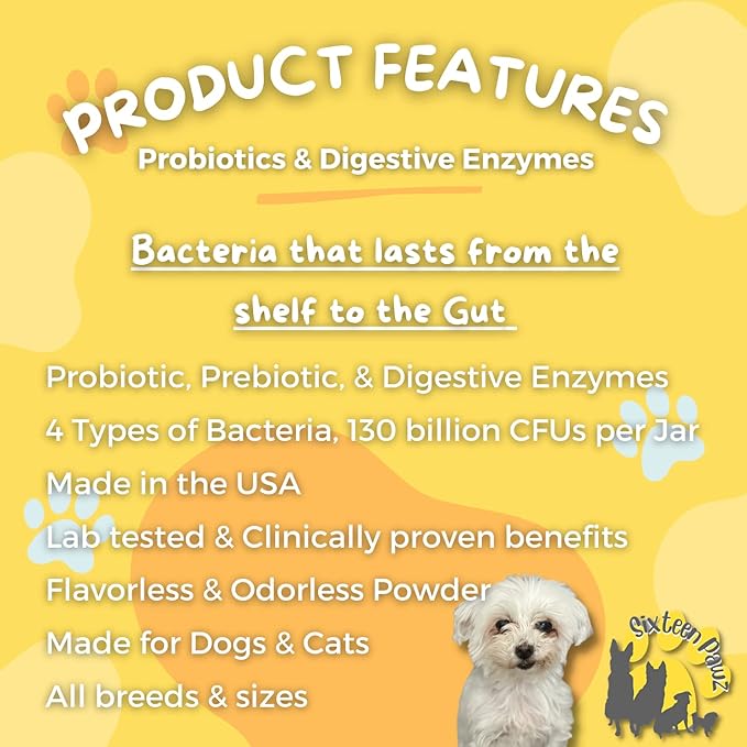 Dog & Cat Probiotics, Prebiotics, & Digestive Enzymes – Flavorless Powder for Gut Health, Allergies, Itchy Skin, Gas & Diarrhea – Organic, Vet-Approved – 65g Bottle (Up to 65 Servings)