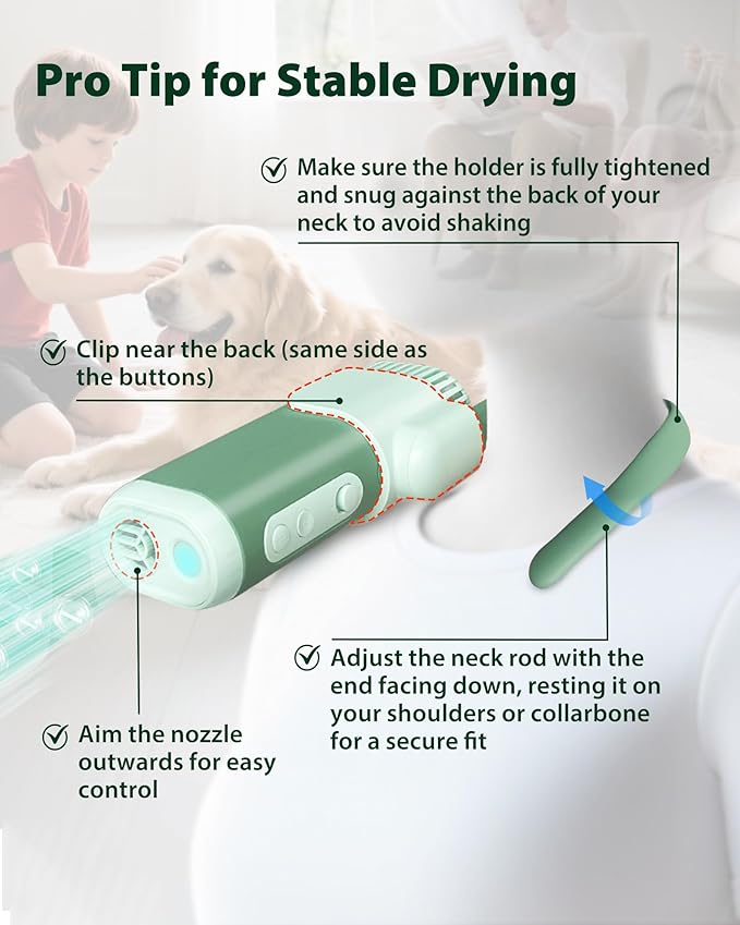 Hands-Free Dog Hair Dryer – Low Noise Pet Grooming Blower for Small & Medium Dogs Cats, Fast Drying, Adjustable Heat & Speed, Portable (Green)