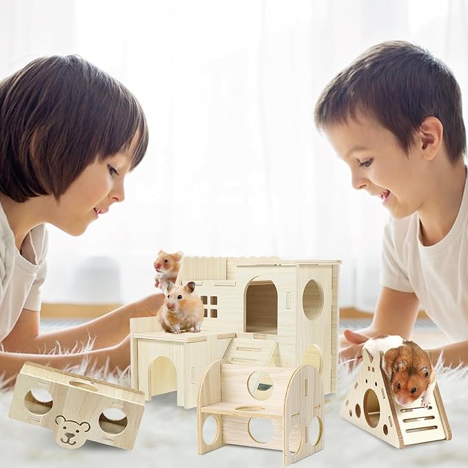 Hamster Toys 5-Piece Set ,Hamster House, Swing, Climbing Ladder, Seesaw & Exercise Wheel,Pet DIY Sport Exercise Toys Set, Small Animal Habitat Accessories ,Gerbils, Mice(Natural Wood)