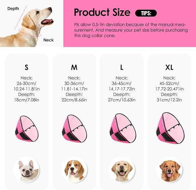 Large Dog Soft Cone Recovery Collar, Comfortable Dog Head Cone Collar for Large Dogs, Pet Surgery Cone Soft Neck Protector, Pink L