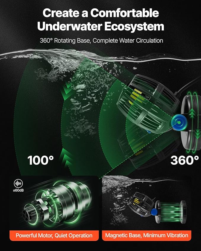 VEVOR Aquarium Wave Maker, 10W, 1057 GPH Quiet and Strong DC Powerhead, Adjustable Fish Tank Circulation Pump with Controller, Strong Magnetic Base, 360° Rotating Wavemaker, for Freshwater Saltwater