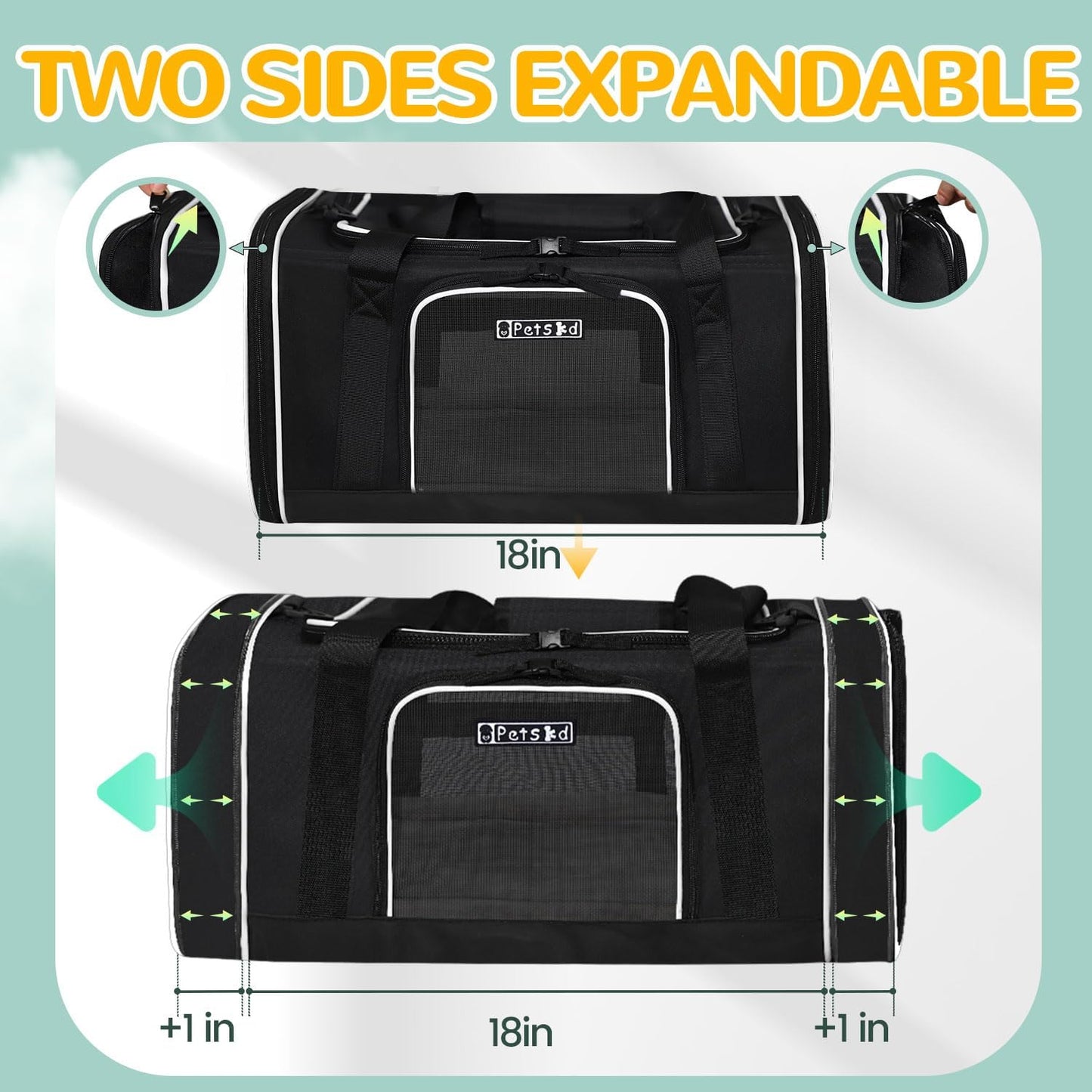 Petskd Length-Expandable Pet Carrier 18x11x11 Inches Delta American United Airline Approved, Soft Pet Travel Carrier for Small Cats Dogs with Zipper Locks and Anti-Scratch Mesh(Black)