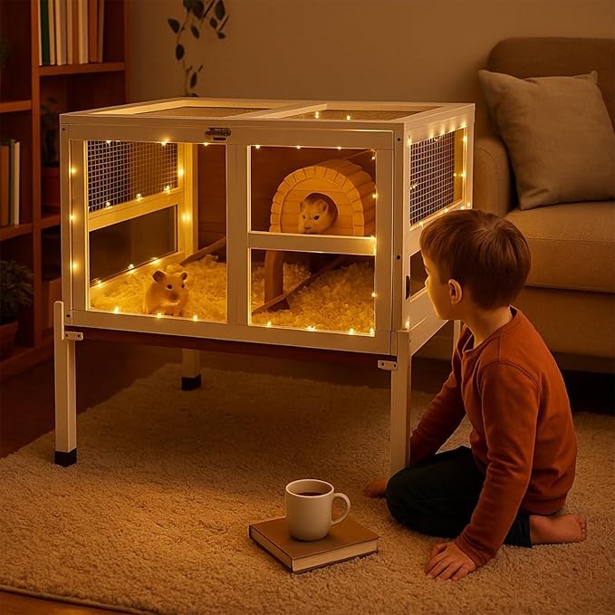 2-Story Guinea Pig Cage with Stand, Indoor Wooden Hamster Cage with Ramp, Pull-Out Tray, Hideout & Platform, Acrylic Transparent Small Animal Habitat for Chinchillas, Ferrets, Hedgehogs, Walnut