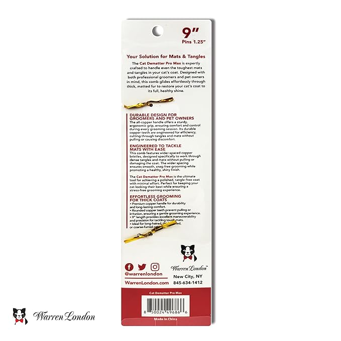 Warren London Cat DeMatter Pro Max | 9" Copper Grooming Comb for Cats | Detangles Mats, Knots & Loose Fur – Gentle, No-Pull Design for Long, Thick, or Tangled Coats | Professional Cat Grooming Tool