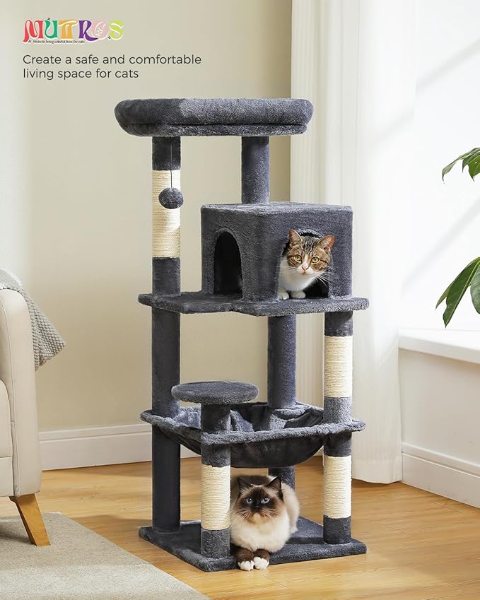 Cat Tree for Indoor Cats, 45.7" Multi-Level Cat Tower with Large Metal Frame Hammock, Cat Condo with 4 Scratching Posts and Top Perch for Small Medium Cat, Dark Grey