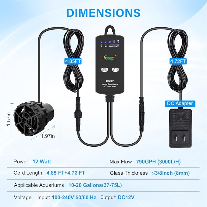 hygger Aquarium Wave Maker for 10-20 Gallon Fish Tanks, Adjustable DC Power Heads for Aquarium with Controller, Aquarium Circulation Pump With Magnetic Base for Saltwater Freshwater Tank 790 GPH