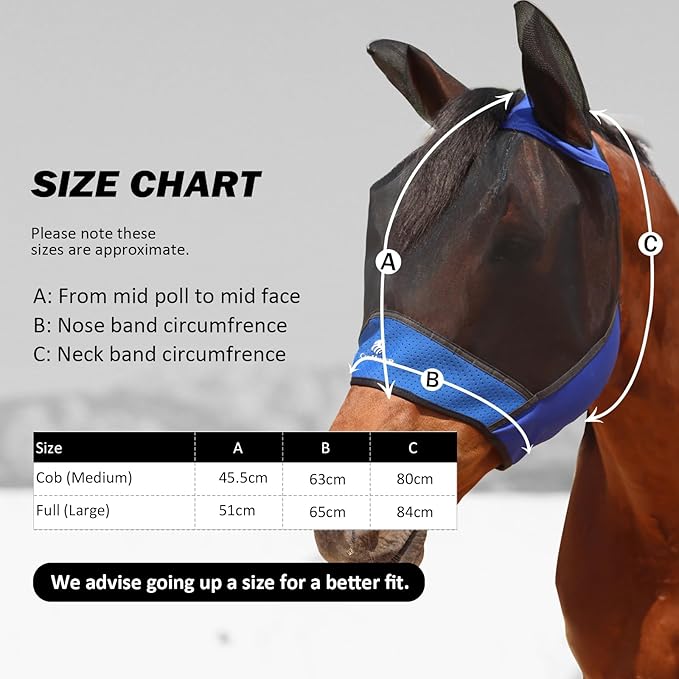 Horse Fly Mask Large Space Breathable UV Protection Equine Mask with Reflective Features on Ears Royal Blue M