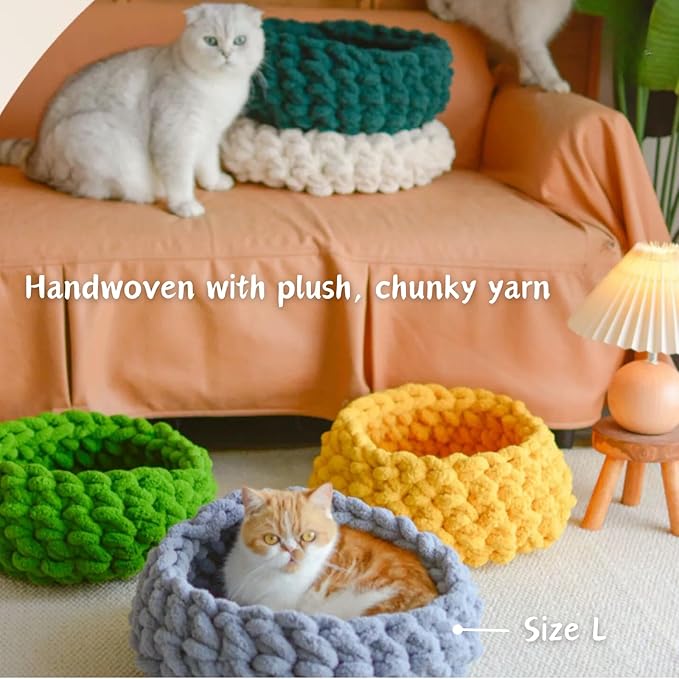 Cat Nest Bed – Premium Handwoven Washable Extra Soft Round Cave House for Indoor Kitten & Kitty, Small & Large (Grayish Blue,Large)