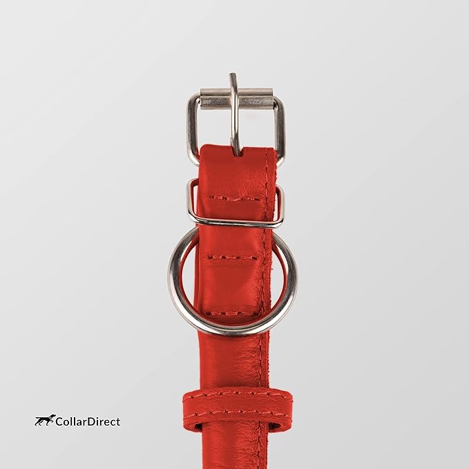 CollarDirect Rolled Leather Dog Collar, Soft Padded Round Puppy Collar, Handmade Genuine Leather Collar Dog Small Large Cat Collars 13 Colors (15-19 Inch, Red Textured)