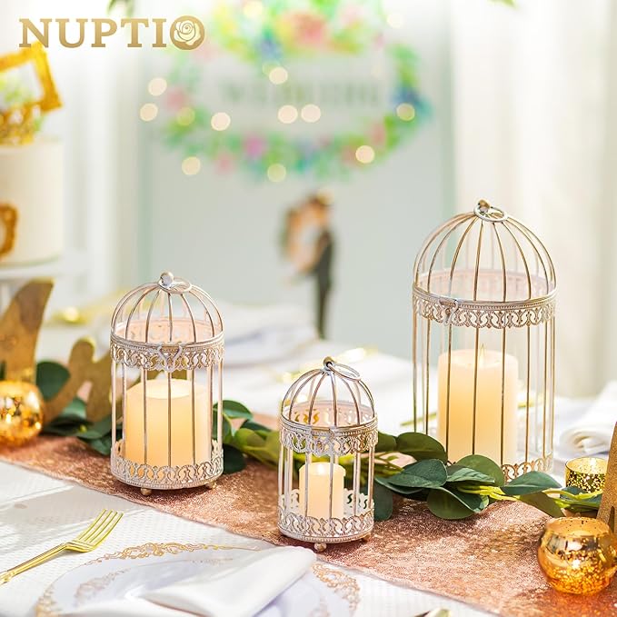 NUPTIO Candle Holders for Pillar Candles: 2 Set of 7.7 inch H Antique White Bird Cages Lantern Wedding Centerpiece Small Metal Hanging Pillars Holder for Bridal Shower Party Table Decorations