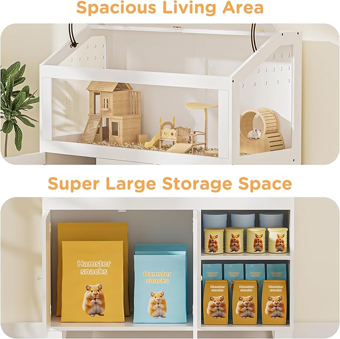 Hamster Cage, Large Hamster Cage with Storage Cabinet, Large Habitat with Easy View Acrylic Panels, Wooden Small Animal Cages for Guinea Pigs, Rabbits, Gerbils, Hedgehogs, White