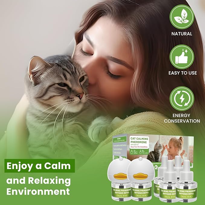 Calming Diffuser Kit for Cat, Cat Pheromone Calming Diffuser Starter Helps Ruduce Anxious, Anti-Stress & Comforts Cats (2 Diffuser + 6 Refills)