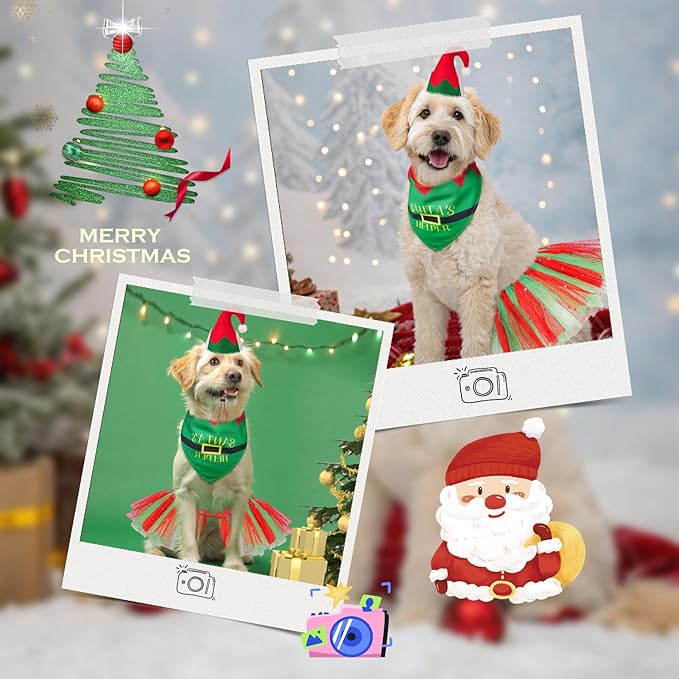 SCENEREAL Christmas Dog Bandana Dress with Hat Set, Pet Santa Costume for Small Medium Sized Dogs, Cute Tutu Skirt Outfit for Party Halloween