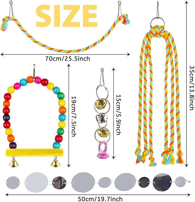 8 pcs Bird Toys for Parakeets with Colorful Ladder Hammock Bird Cage Accessories Bird Perch Stand Chewing Toys Hanging Bell Parrot