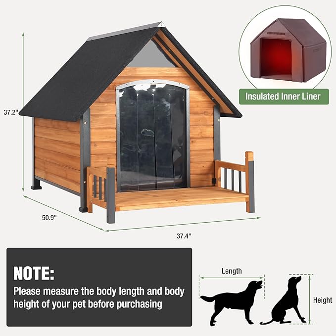 Large Dog House Outdoor Insulated Weatherproof Dog Kennel with Insulated Liner, Dog Shelter for Large Breed with Anti-Chewing Iron Fram and Porch (Brown, 50.9" D x 37.4" W x 37.2" H)