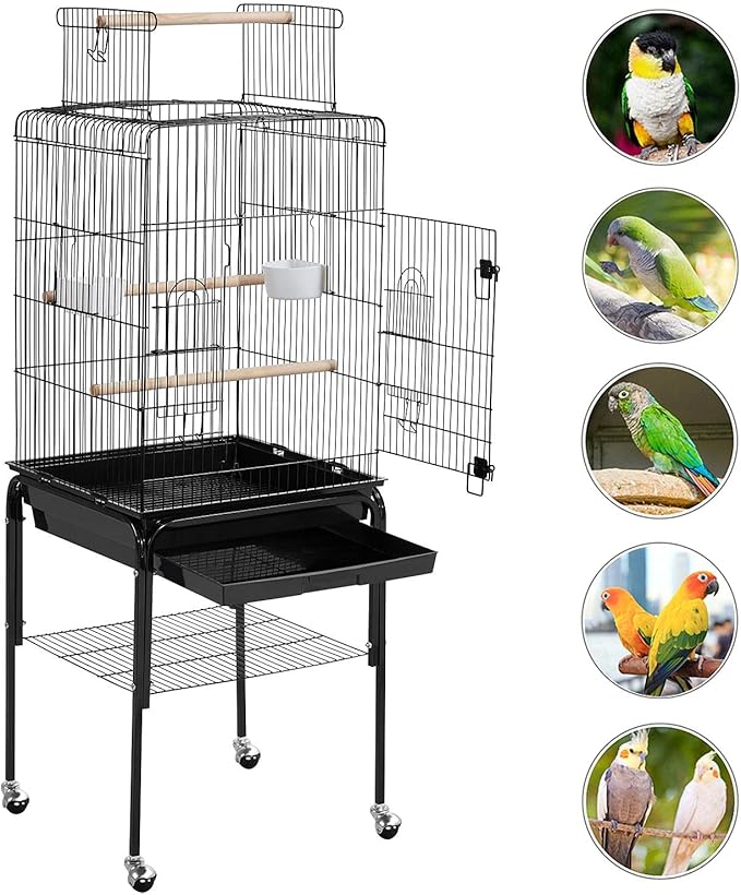 Yaheetech Open Top Rolling Parrot Bird Cage for Cockatiel Sun Parakeet Green Cheek Conure Mid-Sized Parrot Cage with Detachable Stand