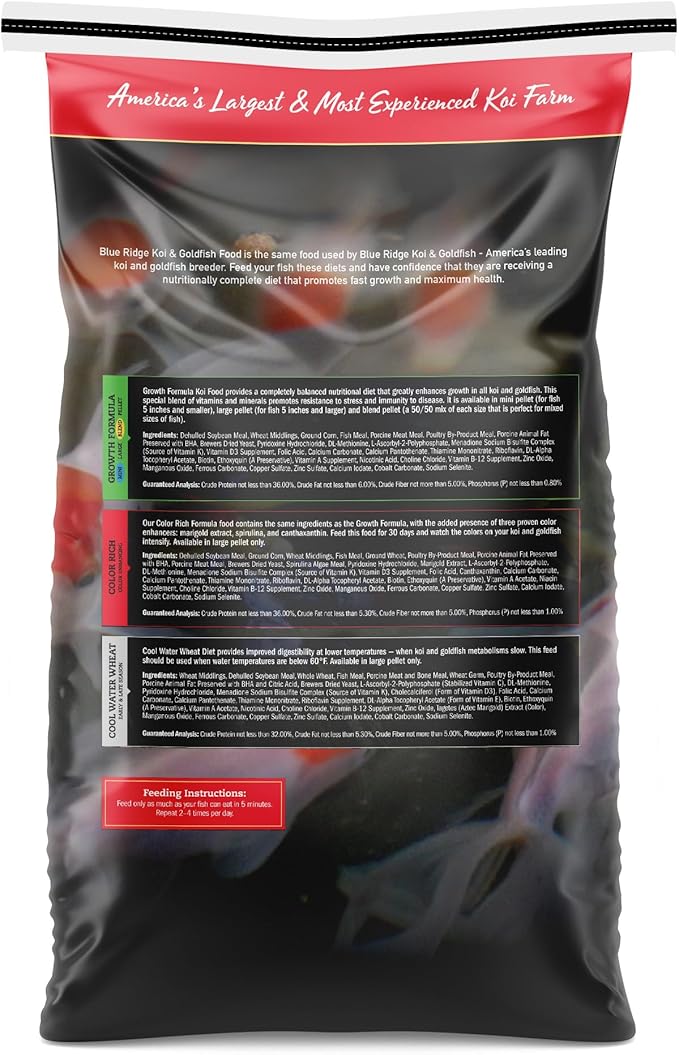 Blue Ridge Koi Fish Food 25lb - Koi Food Large 3/16" Growth Formula, Goldfish Food, Premium Fish Food for Ponds, Ponds Fish Food, Floating Pond Pellets