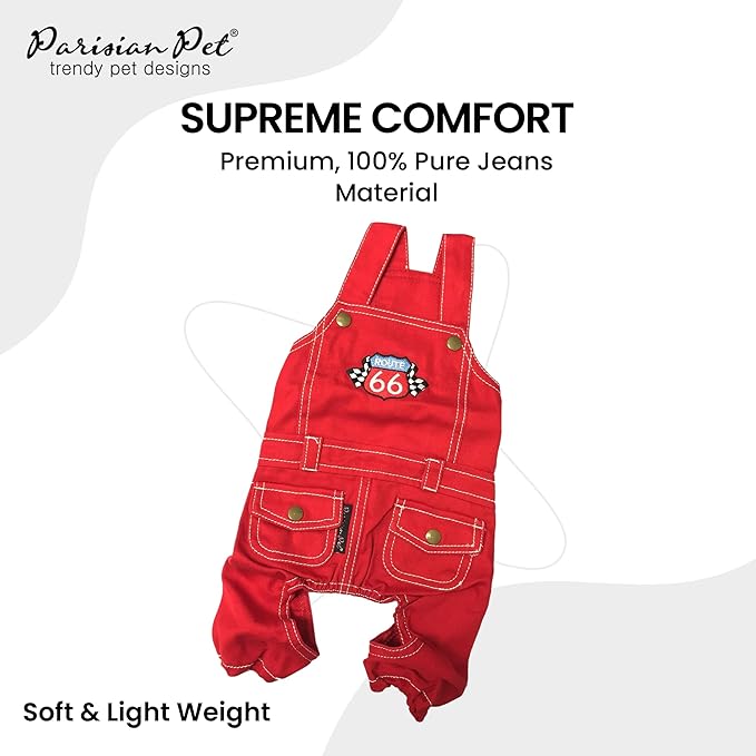 Parisian Pet Denim Dog Overalls - Embroidered 'Route 66' Red Jumpsuit - Breathable, Machine-Washable Medium Dog Costume