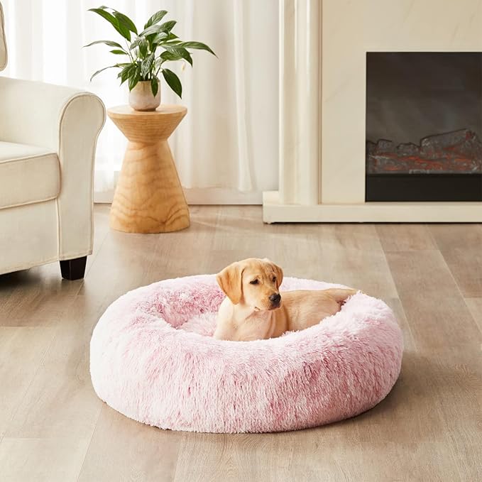WNPETHOME Calming Dog Bed & Cat Bed Donut, Faux Fur Self-Warming Donut Cuddler, Comfortable Round Plush Pet Beds (27 x 27 x 8 Inch, Light Pink)