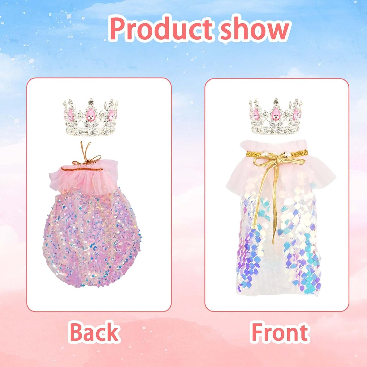 Dog Princess Dress Costume with Rhinestones Crown,Pet Cat Cape Cloak Birthday Party Wedding Dress Up Outfits,Rainbow Mermaid Halloween Costume Clothes (X-Small to X-Large)