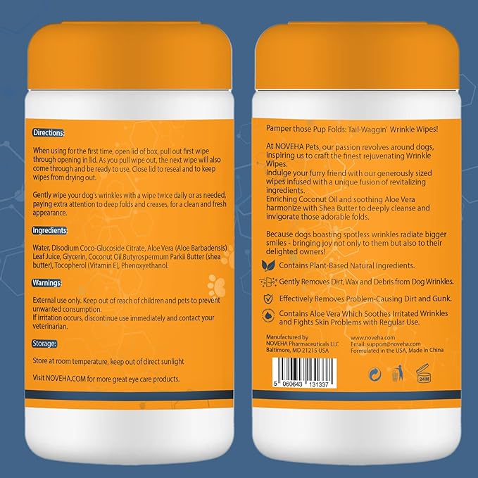 NOVEHA 5βx7β Large Dog Wipes | Wipes for Bulldog, French Bulldog, Pug, English Bulldog | Deodorizing, for Multiple Areas Removes Dirt, Wrinkles, Folds, Tear Stain, Tail Pockets & Paws (120 Counts)