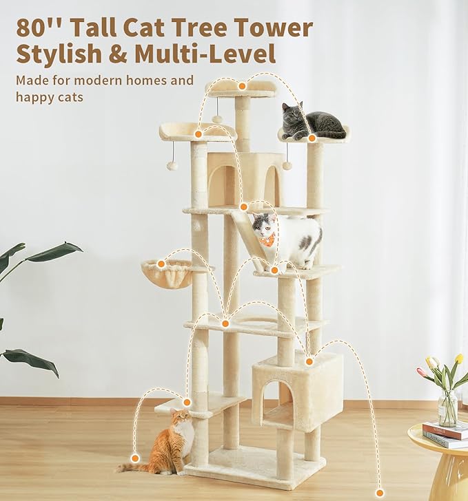 Made4Pets Tall Cat Tree, 80" Cat Tree Tower for Indoor Cats Large Adult, Modern Cat Tower with Scratching Post, Cozy Hammock, 3 Perches and 2 Condos, Sturdy and Fluffy, Beige