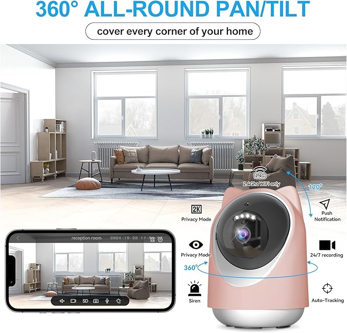 Indoor Camera, Cameras for Home Security,Home Cameras Indoor for Baby&Pet Monitoring,Night Vision,Smart Motion Tracking, Pan360° & Tilt 180°, 3MP Wi-Fi Two-Way Audio (Pink