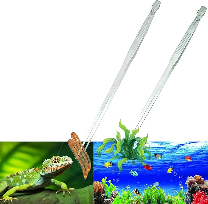 2pcs 18.9 inch Aquarium Tweezers with Hanger, 2025 New Extra Long Feeding Tongs, Stainless Steel Large Aquascape Tools for Fish Tank, Terrarium,Aquascaping, Reptile Snake (Curved & Straight)