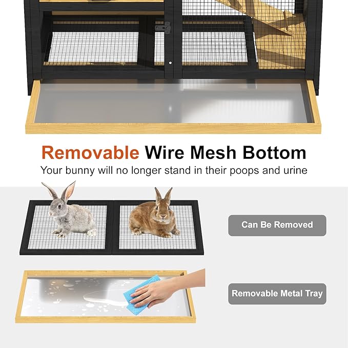 40'' Rabbit Cage Bunny Cage Indoor, Outdoor Rabbit Hutch for Small Animals, 2-Story Wooden Guinea Pig Cages with Wheels & 2 Deeper No Leak Trays, Waterproof Openable Roof & Bottom Wire Mesh