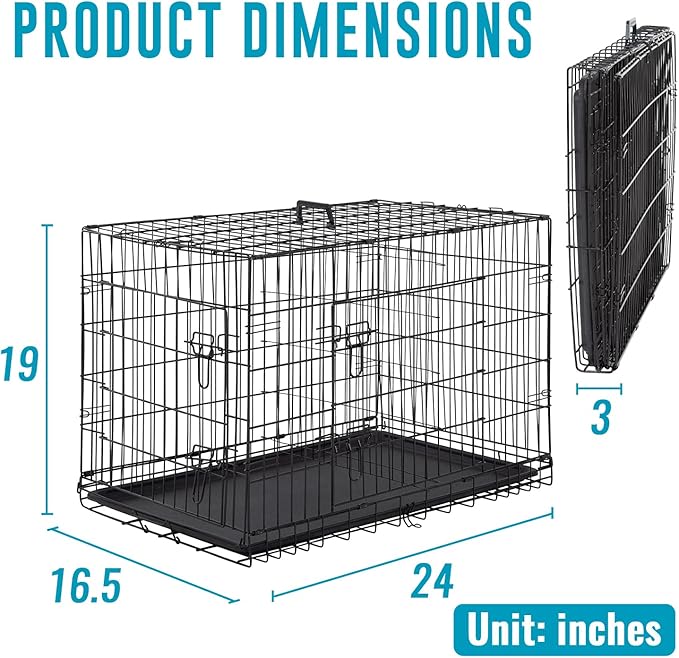 FDW Dog Crate for Small Dogs 24 Inch Folding Metal WirePet Cage Double Door W/Divider Panel Indoor Outdoor Kennel Leak-Proof Plastic Tray,Black
