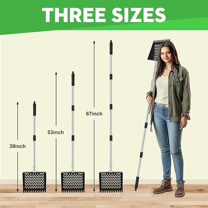 2-in-1 Chicken Poop Scooper & Rake - Adjustable Chicken Coop Scoop with Handle(39、53、67 in),Stainless Steel Shovel Head- Litter Scooper Sand & Sifting Shovel for Chicken Coops