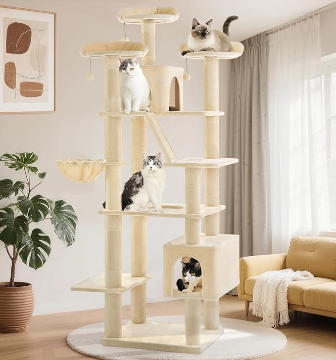 Made4Pets Tall Cat Tree, 80" Cat Tree Tower for Indoor Cats Large Adult, Modern Cat Tower with Scratching Post, Cozy Hammock, 3 Perches and 2 Condos, Sturdy and Fluffy, Beige