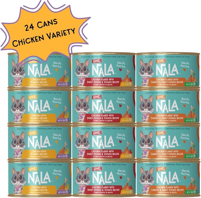 LOVE, NALA - FLAKED Chicken Variety Pack - 24 Pack - Natural Adult Cat Wet Food - Grain Free, Non-GMO, Lean Protein, Omega 3, Digestive Fiber, Added Minerals & Vitamins
