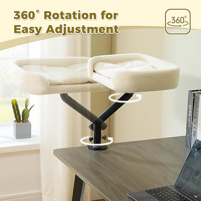 PAWZ Road Cat Desk Bed for Indoor Cats, Cat Bed for Desk Supports Up to 50 lbs, 360° Rotation & Adjustable, Nest Desktop Attachment Cats Hammock for Table, White