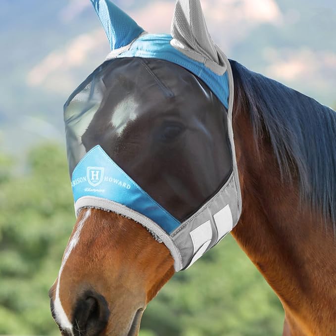Harrison Howard Pro Luminous Horse Fly Mask Standard with Ears UV Protection for Horse Azure Blue/Silver Large Full Size