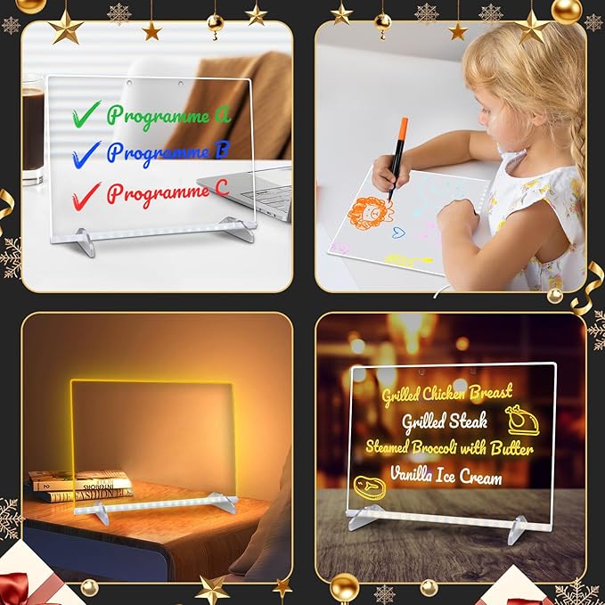 LED Note Board with Colors, 13.7"X10" 4 Modes & 7 Colors Acrylic Dry Erase Board with Light, Include Adapter, Hanging Chain, Led Drawing Board for Kids with Stand, 7 Markers, Spray Bottle