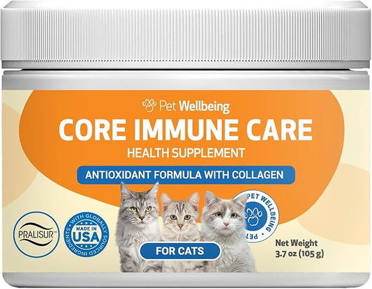 Pet Wellbeing Core Immune Care for Cats of All Ages - Daily Antioxidants, Immune Support, Collagen, Glutathione, Vitamin E - Veterinarian-Formulated Holistic Supplement 3.7 oz (105 g) Powder