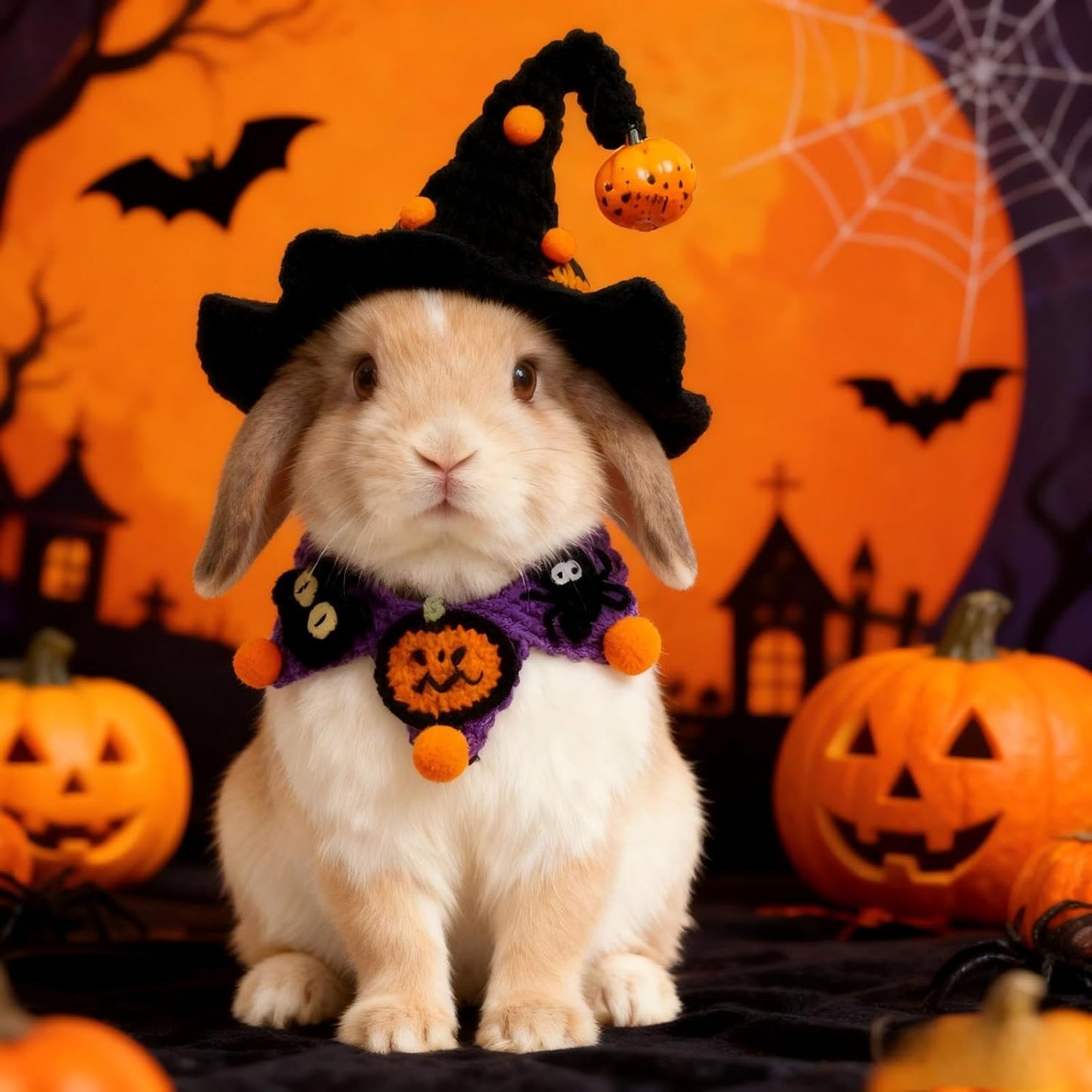 Halloween Dog Costume - Black Witch Hat & Halloween Outfit for Rabbits,Cats and Small Sized Dogs,Handmade Festive Halloween Pet Apparel with Pumpkin Design,Perfect for Dog & Cats (Small to Large size Pets)