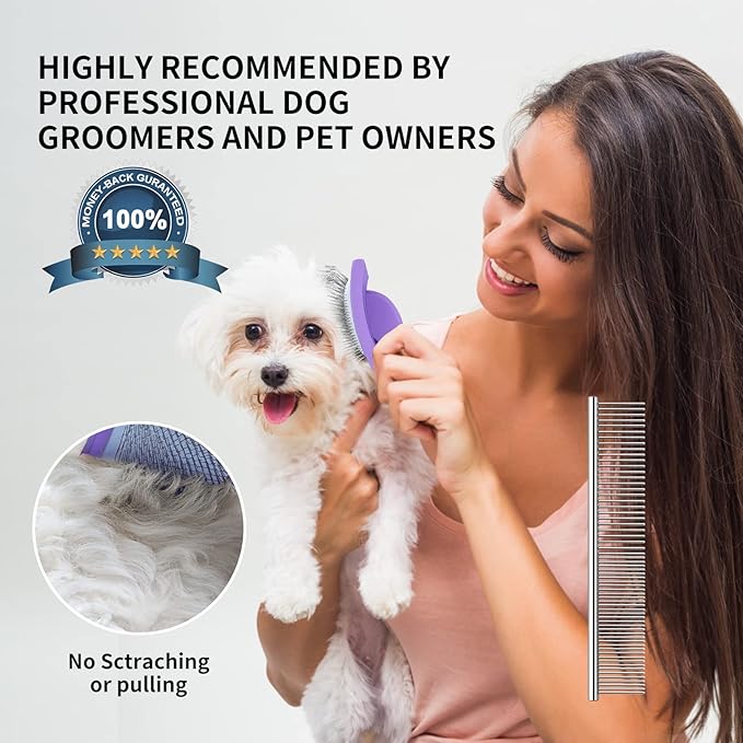 Slicker Brush for Dogs, Long Pin Dog Grooming Brush for Goldendoodles, Poodles, Doodles & More, Includes Bonus Pet Comb, Perfect for De-Shedding, Dematting & Reducing Tangles. Large, Purple
