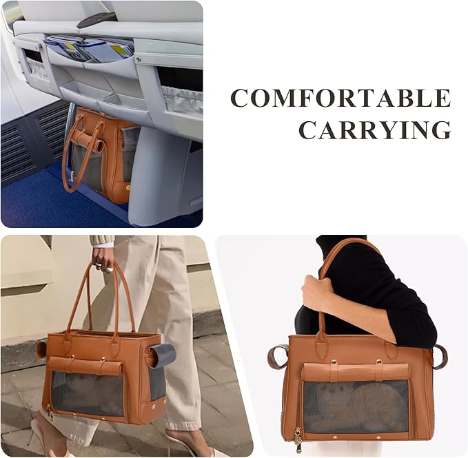Fashion Pet Carrier Purse for Small Cat and Dog, Luxury Pu Soft-Sided Tote Bag with Large Pockets for Dogs and Puppies (Brown, 15.8" L x 7.5" W x 11.8" H)