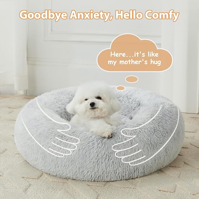 WNPETHOME Calming Dog Bed Cat Bed Donut, Faux Fur Pet Bed Self-Warming Donut Cuddler, Comfortable Round Plush Dog Beds (27 x 27 Inch, Light Grey)