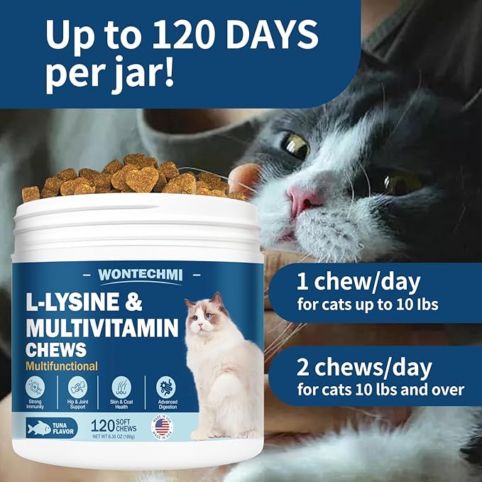 L-Lysine Supplement for Cats, Cat Vitamins for Sneezing, Runny Nose, Cold, Immune Support, Eye Function and Respiratory Health, Natural Lysine Cat Treats (120 Chews, Tuna)