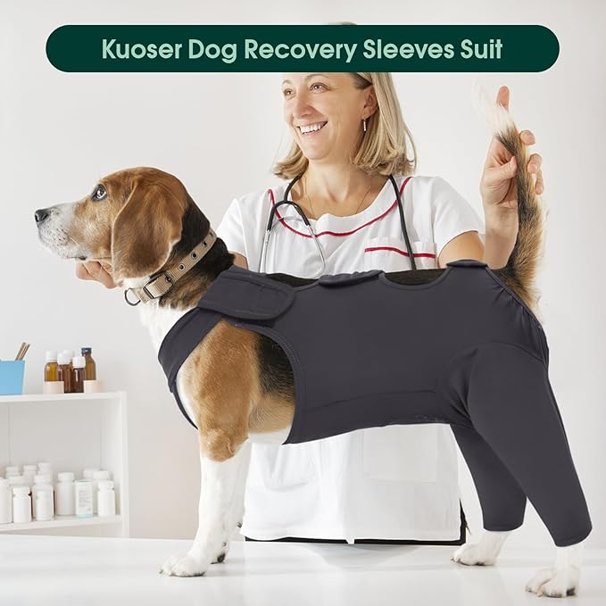 Kuoser Dog Surgery Recovery Suit, Thigh Wound Protective Sleeve for Dogs, Dog Recovery Sleeve for Female Male Dogs, Pet Surgical Suit for Spay Neuter, Dog Onesie After Surgery, Gray S